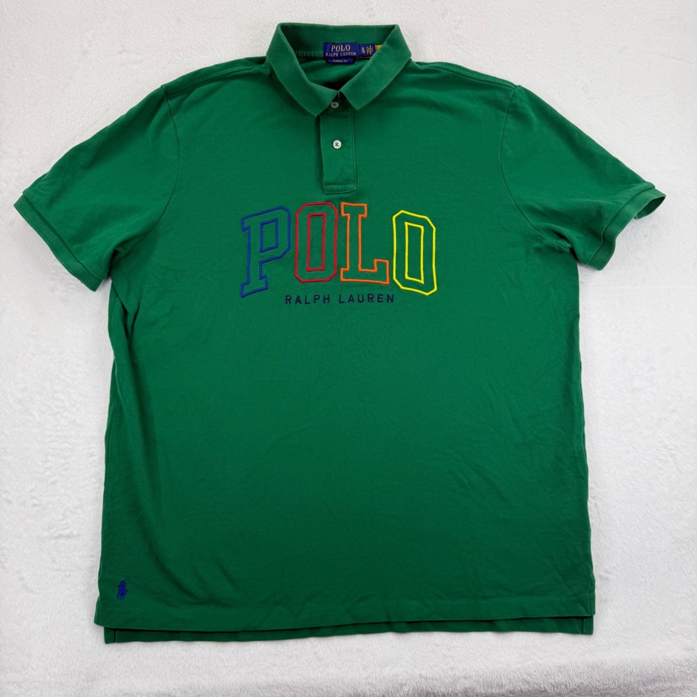 Polo Ralph Lauren Classic‎ Fit Green Polo spellout Shirt Colorful Logo Mens XL